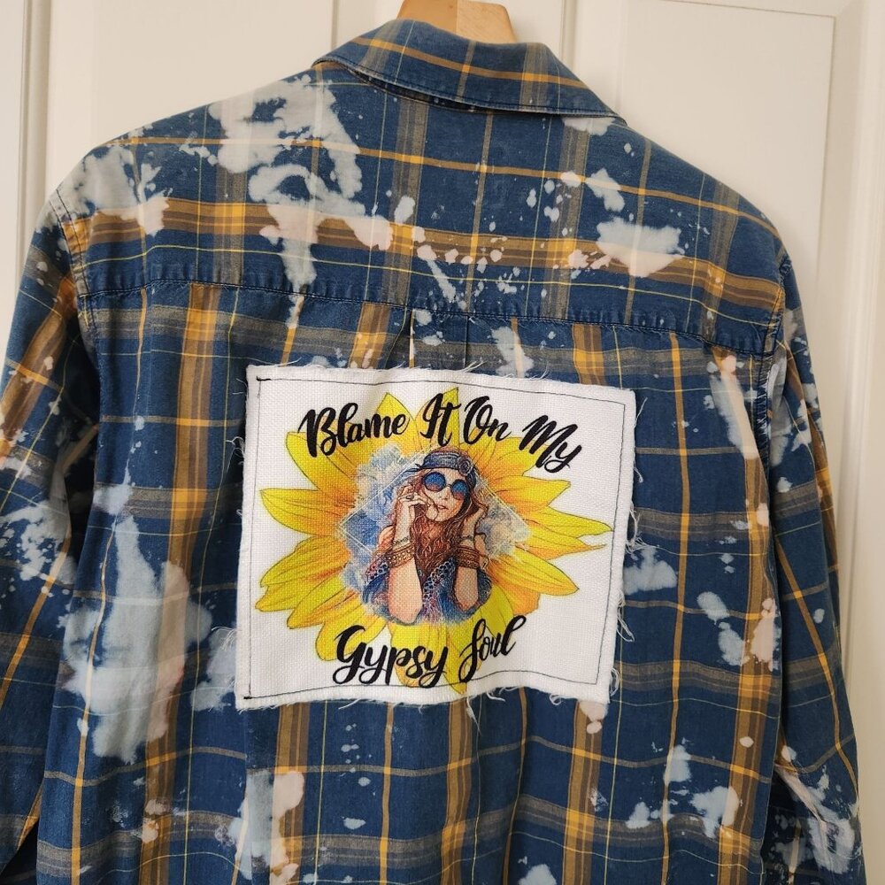 Upcycled Bleached Yellow Blue Plaid Button-Up Shirt Gypsy Soul Hippie Boho Cute - Picture 4 of 9